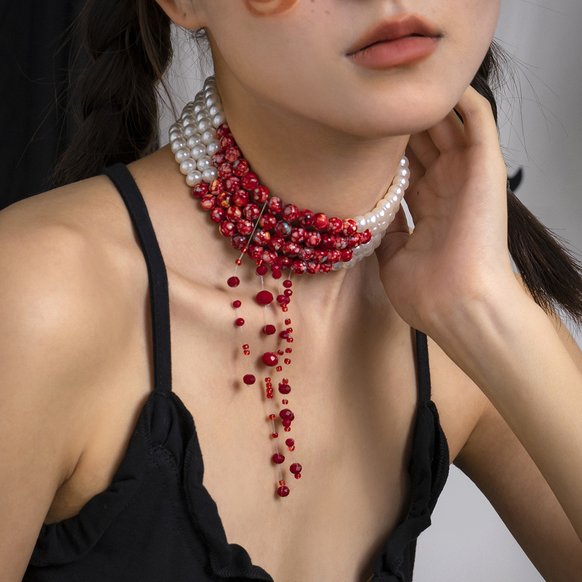 Multilayer Vintage Red Blood P - огляд і ціна Pearl Choker Necklace Vintage